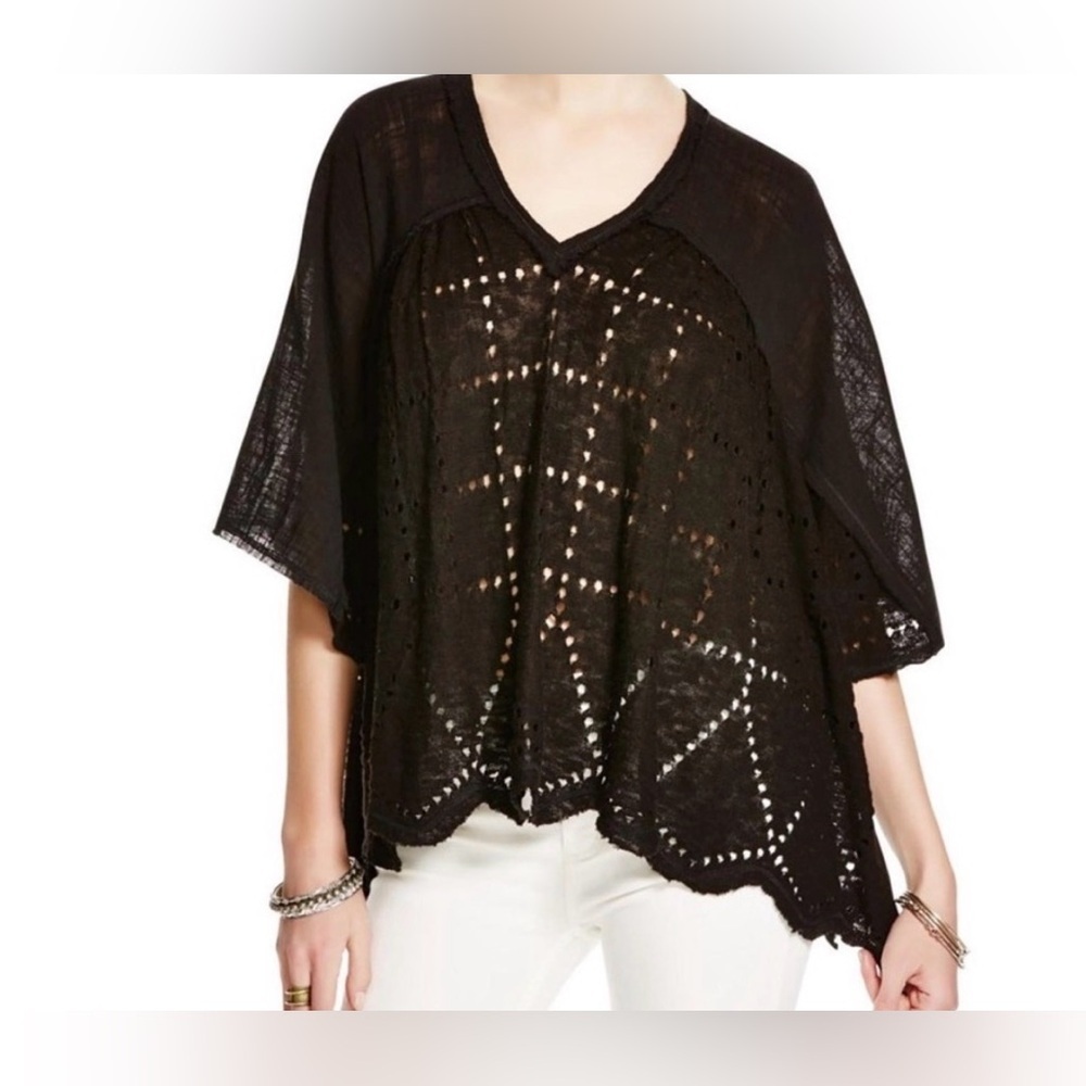 Free People Summer Lovin Black Linen Cotton Blend Top S